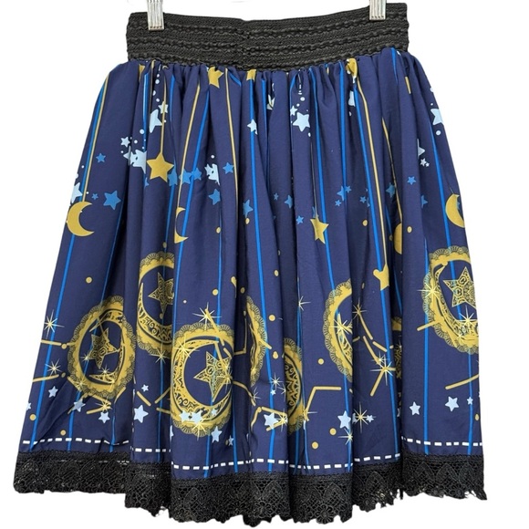 Lolita Star & Moon Celestial Skirt Navy Gold Lace Hem - Picture 3 of 5